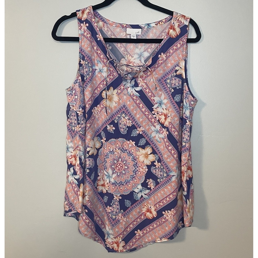 J Jill Hibiscus Floral SCARF PRINT TANK Lace-Up Neck Lightweight Rayon Top M‎